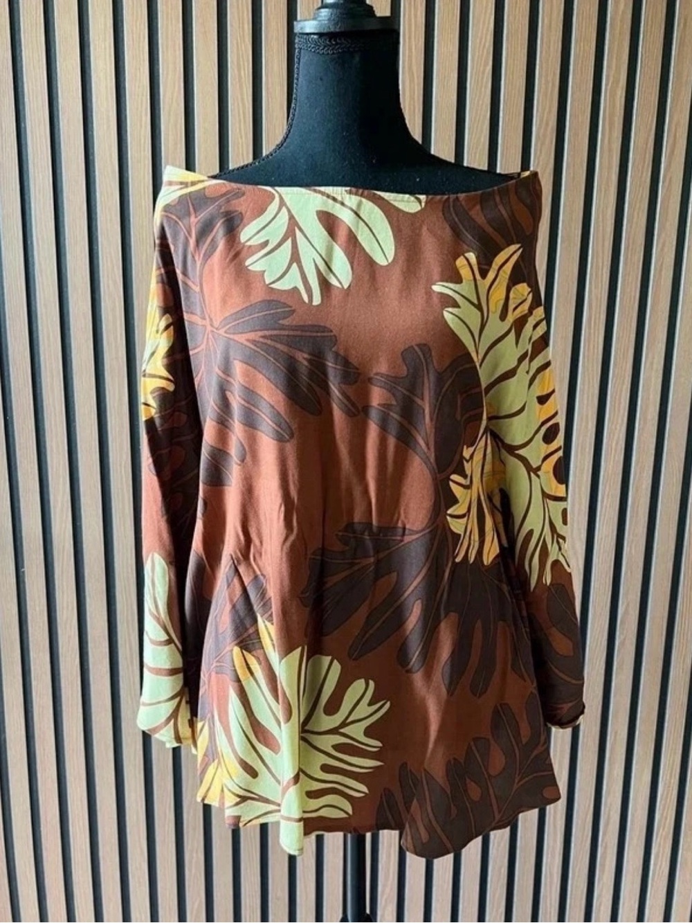 Manuhealii Brown Tropical Leaf Boatneck Tunic with Yellow & Cream Accents